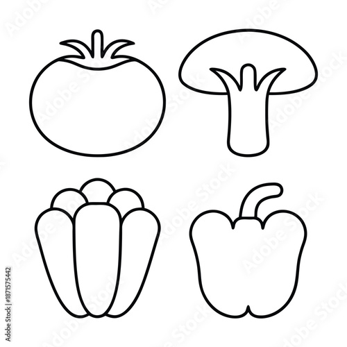 Outline illustrations of a tomato, mushroom, bell pepper, and apple are arranged in a grid.