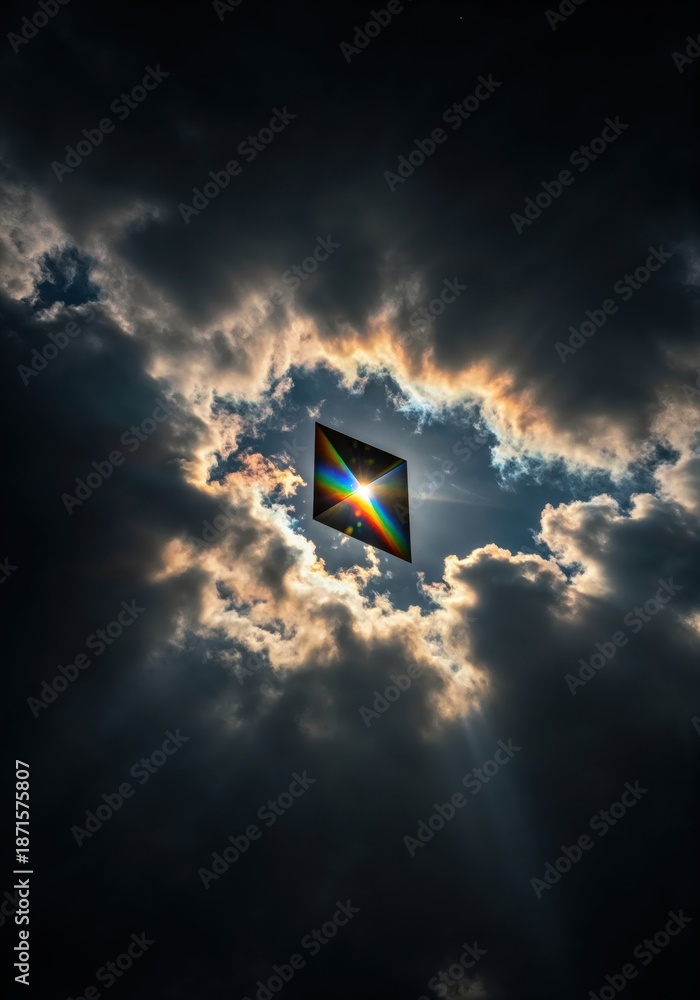 Naklejka premium Celestial Prism: A beam of sunlight pierces through dramatic clouds, illuminating a prism and creating a stunning display of spectral colors. This image embodies light, wonder.