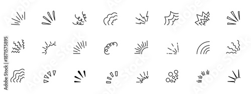 Hand drawn cartoon sunbursts and star sparks create a playful pop effect for titles. These simple 2d sketches and curly confetti rays add a cute, energetic emphasis to surprise designs and graphics.