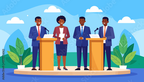 Diverse group of people debating on stage with podiums.