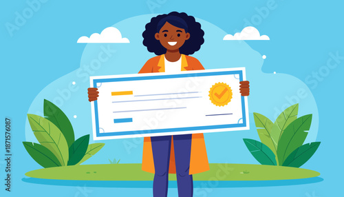 Woman holding a certificate with a gold seal.