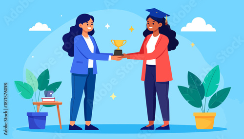 Illustration of two women exchanging a trophy in a celebratory setting.