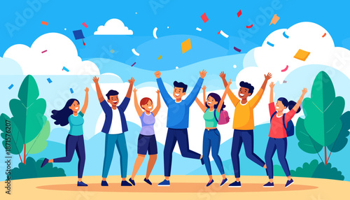 Group of happy young people celebrating outdoors with confetti.