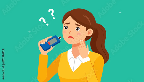 Woman looking confused while holding a mobile phone with question marks above her head.