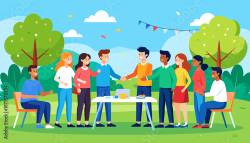 Diverse group of people having a picnic in a park.