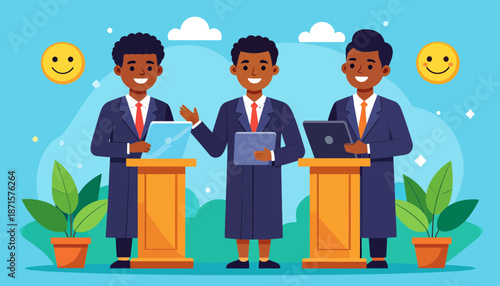 Three young graduates giving presentations at podiums with laptops and papers.