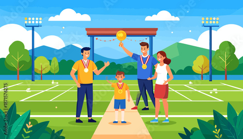 Happy family enjoying a game of cricket together on a sunny day.