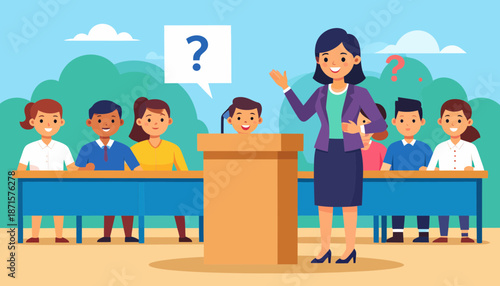 Teacher standing at podium addressing students in classroom setting.