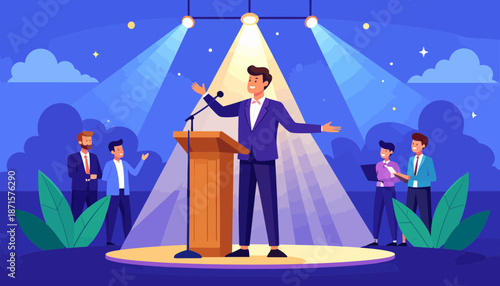 Businessman giving a speech on stage with spotlight.