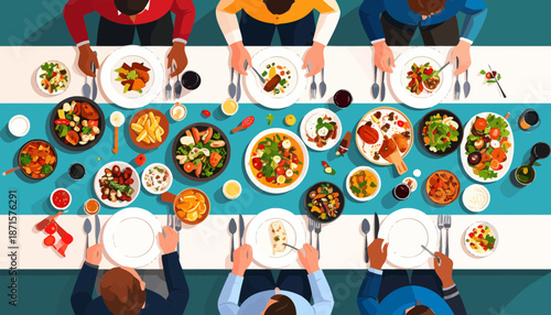 Group of people enjoying a meal together at a long table.