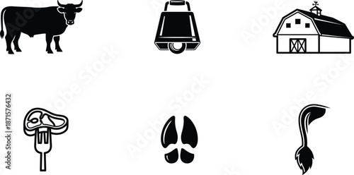 black and white farm and food icons with cow barn and meat