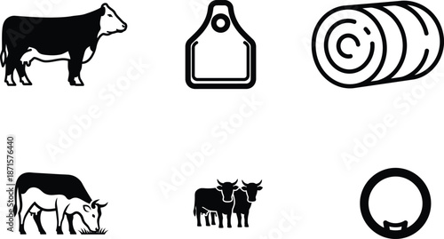 Black and white cow icons with hay bale and ear tag on white background