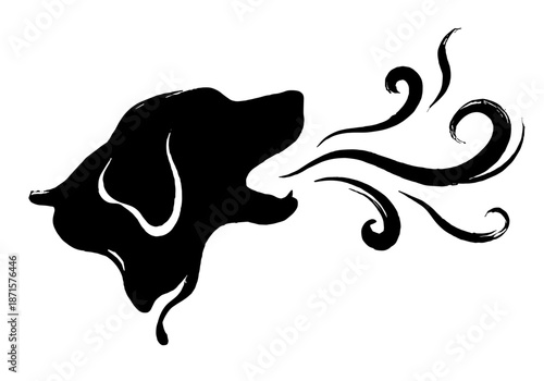 Black barking dog head profile vector silhouette with decorative breath swirls. Side view of a hound shouting or howling with artistic wind lines illustration.