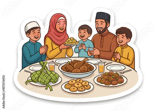 Muslim family eating together traditional food ketupat during Eid al-Fitr celebration activities with happy expression vector illustration for Ramadan holiday concept