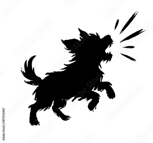 Vector black silhouette of a small scruffy barking dog jumping and shouting with sound lines. Funny terrier puppy yelping isolated illustration ideal for pet icons.