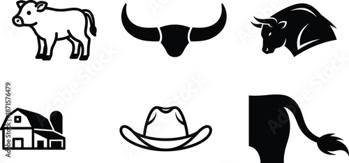 black and white farm icons with cow bull head barn and hat