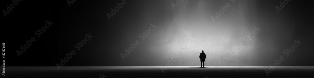 Fototapeta premium Lonely man standing in dark, empty, minimal space. Solitary man silhouette standing in an empty, dark, mysterious room, emphasizing isolation and introspection