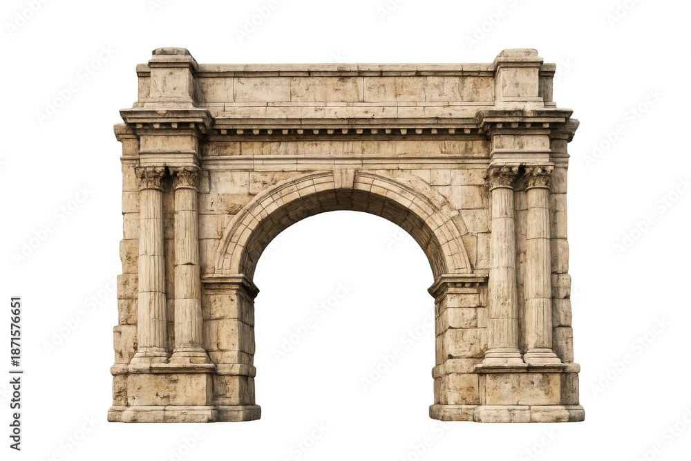 Obraz premium Ancient roman triumphal arch structure on transparent background, symbolizing history, power, and heritage
