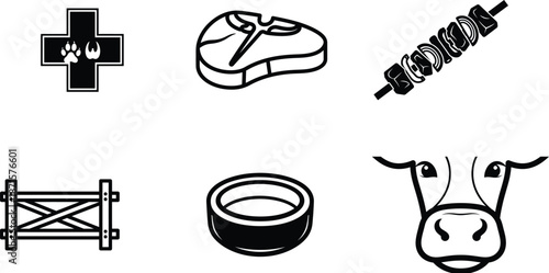 black and white icons of farm and food items on white background