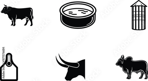 black and white icons of farm animals and food  cattle and bucket