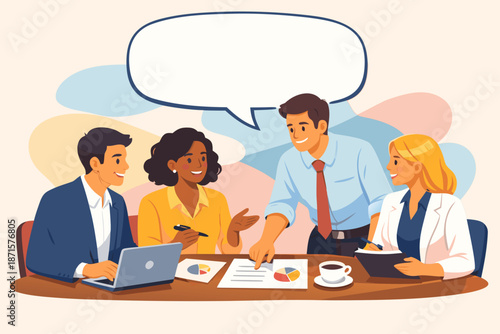 a group of business people talking and thinking about ideas