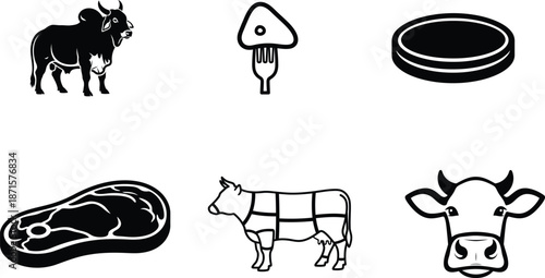 Black and white illustrations of cow and steak meat cuts  beef food icons