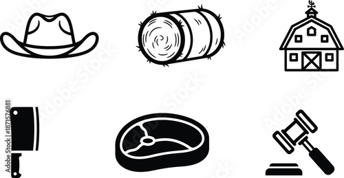 black and white illustrations of farm and meat industry tools and symbols