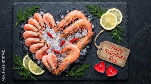 Valentine celebration with holiday decoration and love design featuring shrimp gift on ice with lemon slices and heart candles for special day background Valentine's Day celebration