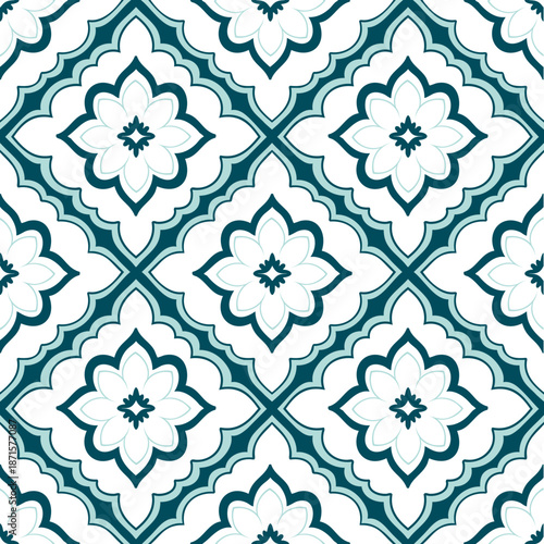 Repeating Mediterranean-style tile pattern in shades of teal and white.
