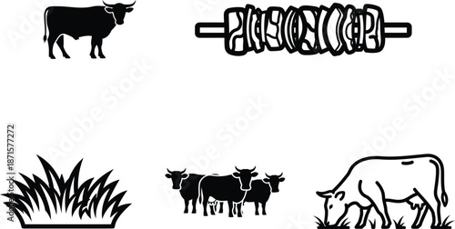 Black silhouettes of cows and barbecue skewer with grass  farm and food concept