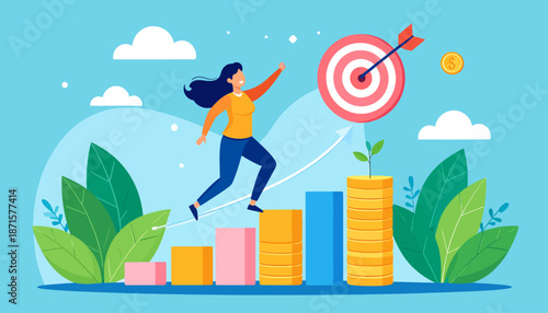 Woman jumping on stacks of coins towards a target with an arrow.