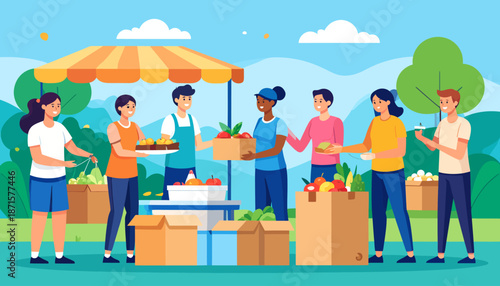 Group of people volunteering at an outdoor food bank distribution event.