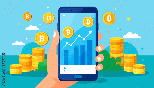 Hand holding smartphone with bitcoin graph and floating coins.