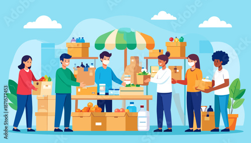 Diverse group of people volunteering at a food bank distribution center.