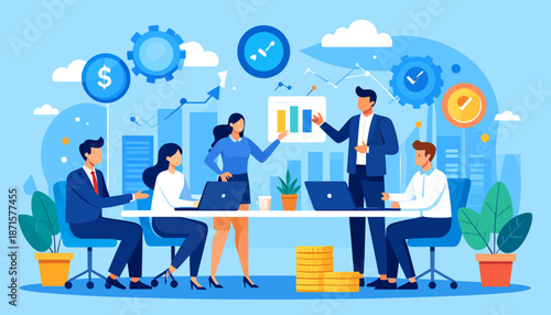 Business professionals collaborating in a modern office environment with financial charts and graphs.
