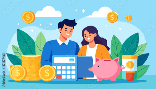 Couple managing finances with calculator and piggy bank.