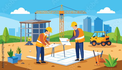 Construction workers reviewing building plans on a construction site.