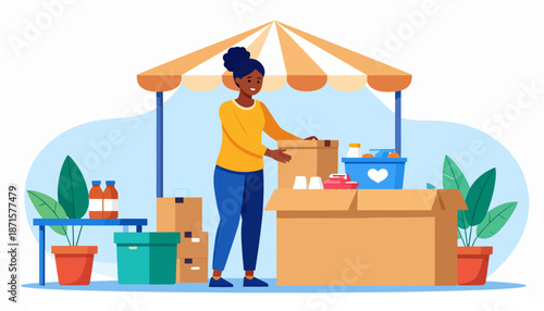 Woman selling products from a market stall with various items.