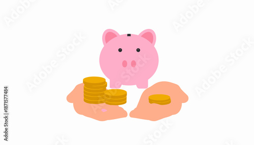 Saving money in a piggy bank with coins in hands.