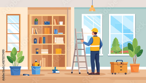 Man on ladder cleaning window in a modern room with bookshelf and plants.