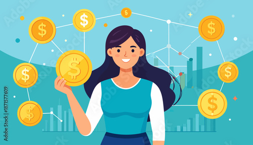 Woman surrounded by floating gold coins with dollar signs.