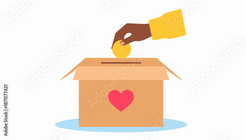 Hand dropping coin into charity donation box with heart.