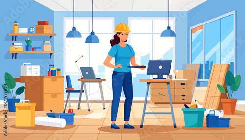 Woman working on laptop in a modern office space with renovation materials around.