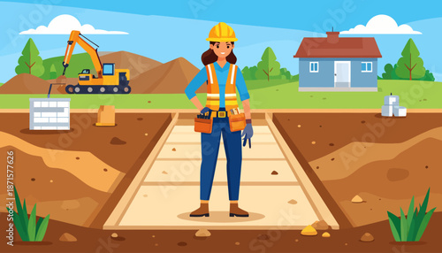 Construction worker standing on a newly laid concrete path.