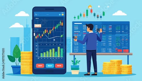 Man analyzing financial data on mobile device and computer screen.
