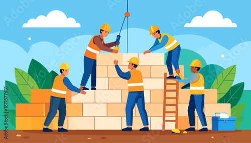 Construction workers building a brick wall together outdoors.