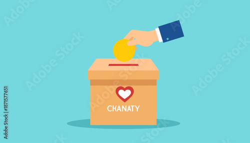 Hand dropping coin into charity donation box with heart logo.