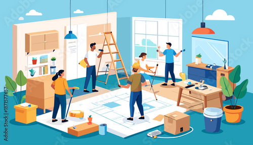 Team of workers renovating a modern home with various tools and materials.