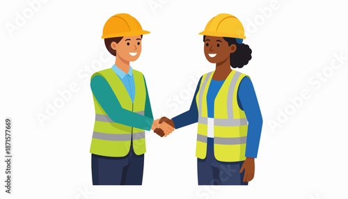 Two construction workers shaking hands in a gesture of agreement or partnership.