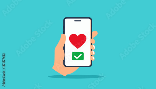 Hand holding smartphone with heart icon and checkmark on screen.
